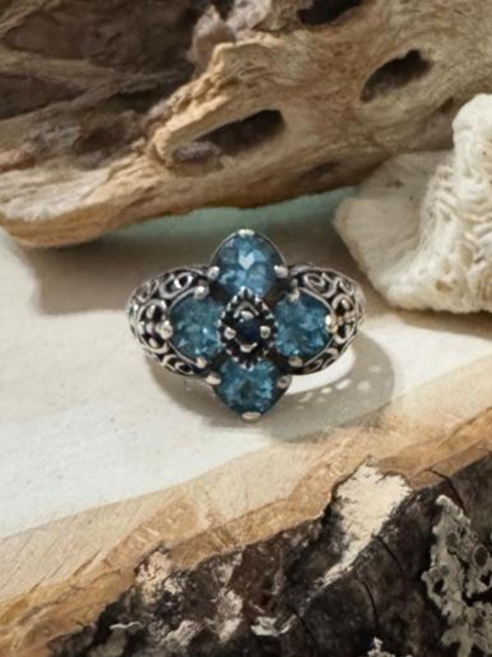 CNA 925 Sterling Silver Blue Topaz & Sapphire Ring Sz 6.5